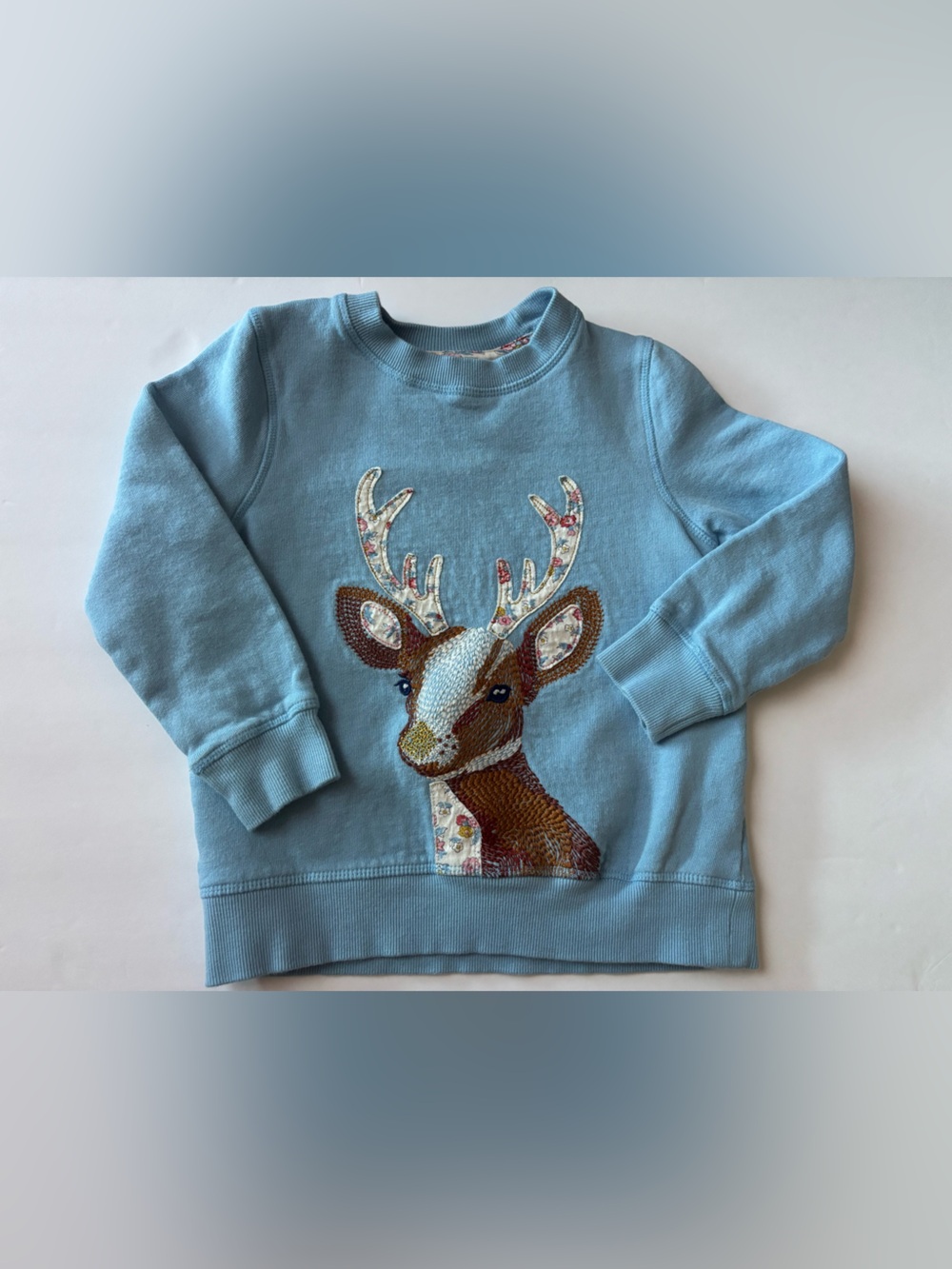 Mini Boden Light Blue Deer Sequin Appliqué Sweatshirt